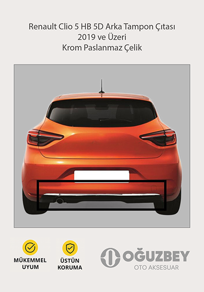 Renault Clio 5 HB 5D Arka Tampon Çıtası 2019 ve Üzeri Krom Paslanmaz Çelik
