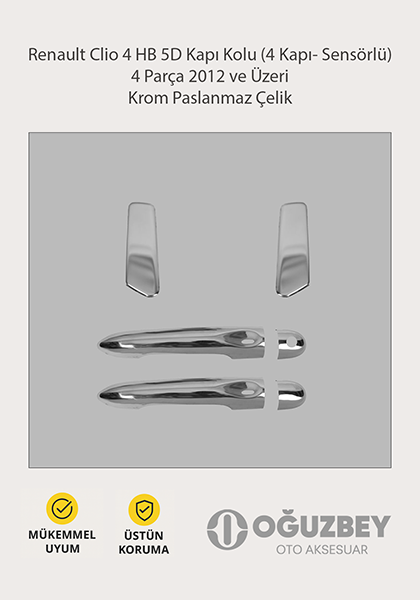 Renault Clio 4 HB 5D Kapı Kolu (4 Kapı- Sensörlü) 4 Parça 2012 ve Üzeri Krom Paslanmaz Çelik