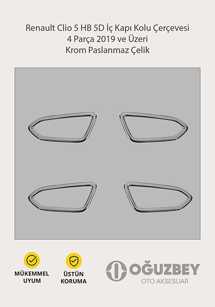 Renault Clio 5 HB 5D İç Kapı Kolu Çerçevesi 4 Parça 2019 ve Üzeri Krom Paslanmaz Çelik