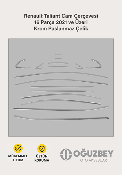 Renault Taliant Cam Çerçevesi 16 Parça 2021 ve Üzeri Krom Paslanmaz Çelik