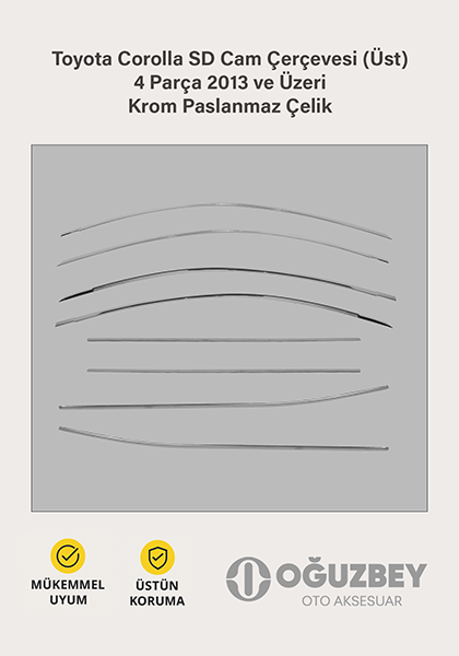 Toyota Corolla SD Cam Çerçevesi (Üst) 4 Parça 2013 ve Üzeri Krom Paslanmaz Çelik