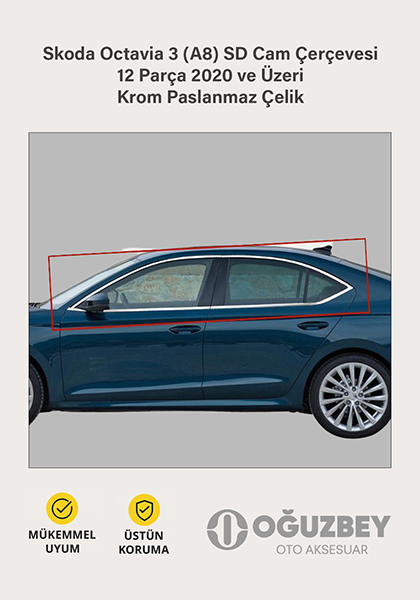 Skoda Octavia 3 (A8) SD Cam Çerçevesi 12 Parça 2020 ve Üzeri Krom Paslanmaz Çelik